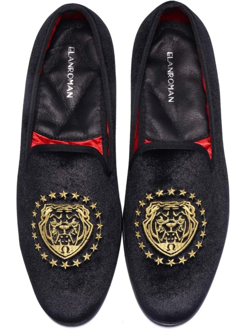 ELANROMAN Men's Black Velvet Loafers Embroidered Lion Crown Formal Party Shoes